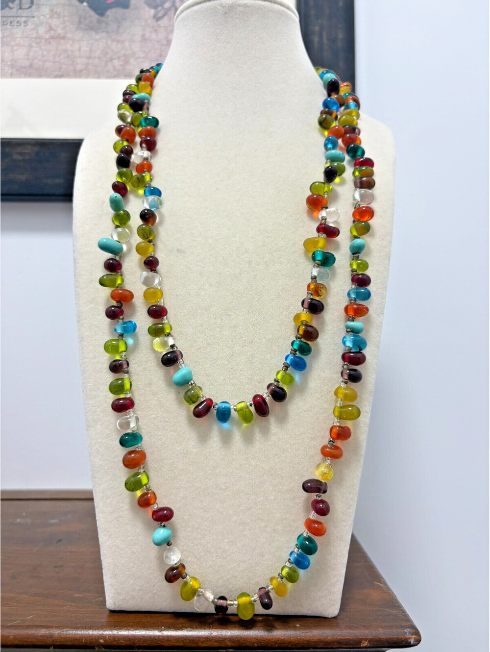 Vintage Multicolored Teardrop Glass Bead Flapper Style Necklace 48"